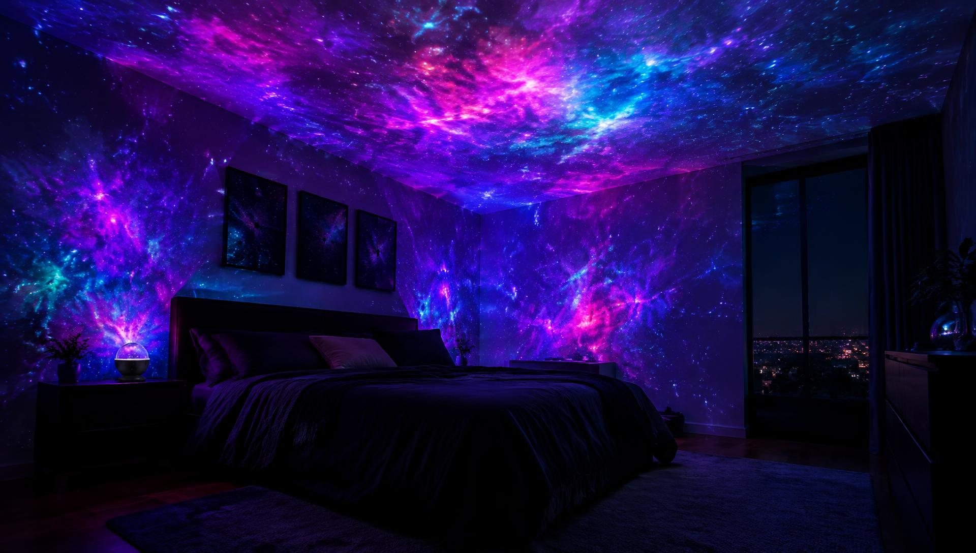 Dark bedroom filled with a colourful galaxy projection